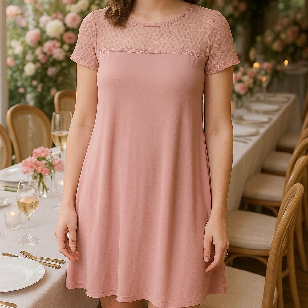 Nina Leonard Pink Lace Yoke A-Line Dress W-S